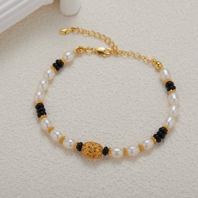S925 Sterling Silver Bracelet with Natural Pearls and Black Onyx